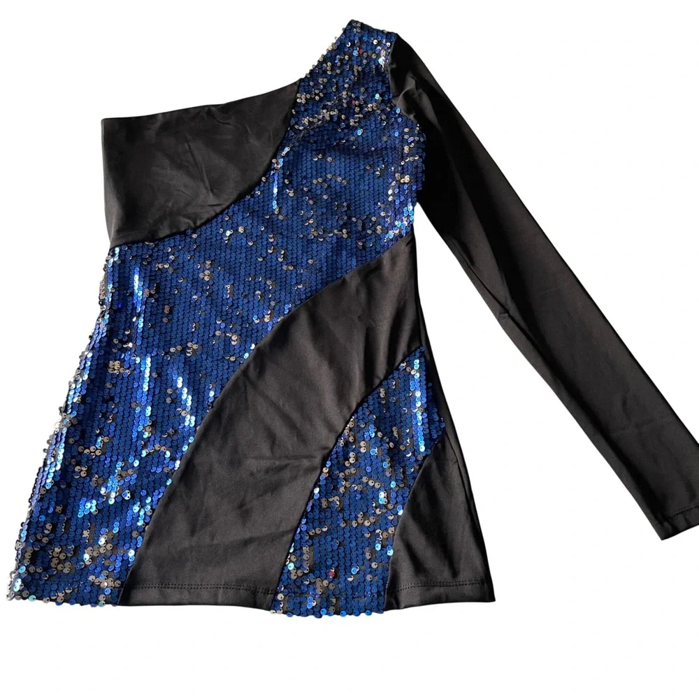 Alexandra Collection One Shoulder Tunic Girls Large Blue Sequin‎ Dance Costume